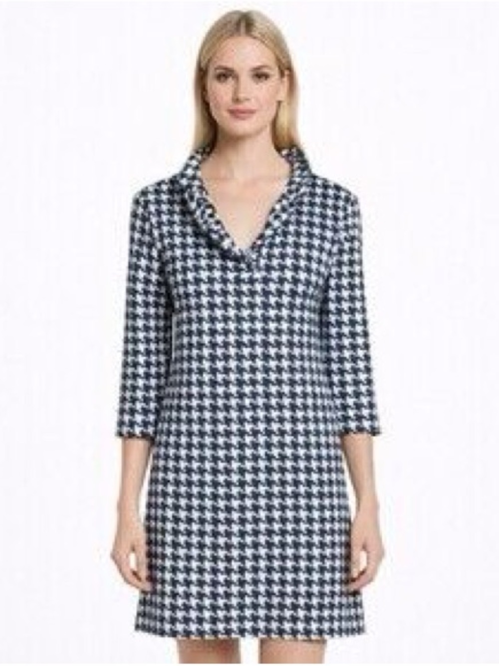 J. McLaughlin Blue Houndstooth Stretch Mini Dress Ruffled Collar